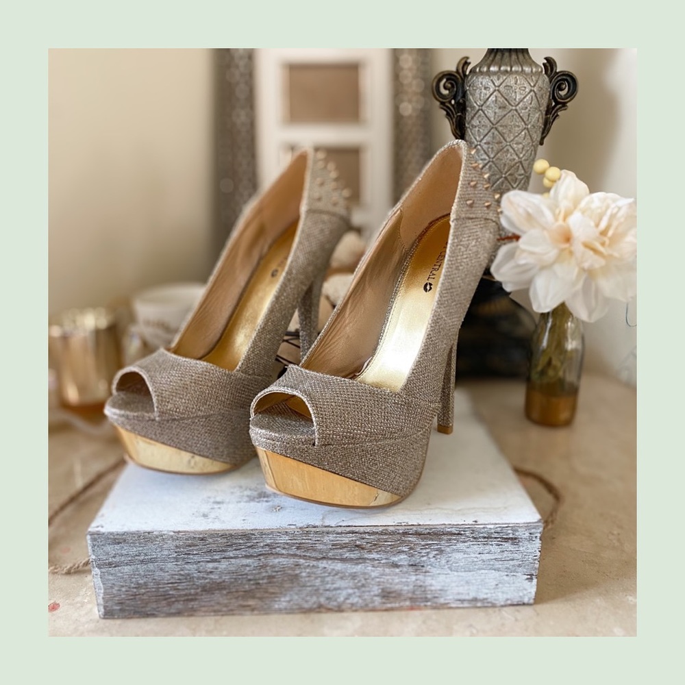 Silver Shimmered And Gold Detailed Platform Heels